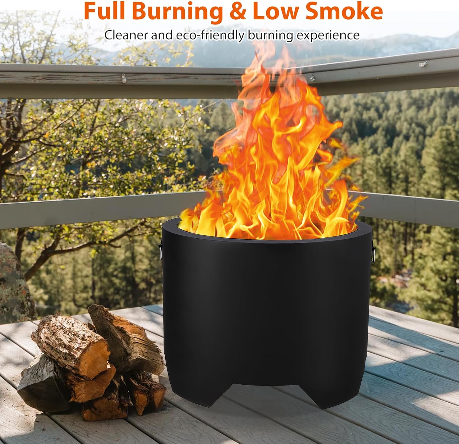 24 Inch Smokeless Fire Pit, Outdoor Wood Burning Portable Firepit, for Backyard, Patio, Garden, Picnic, Camping, Bonfire, Black