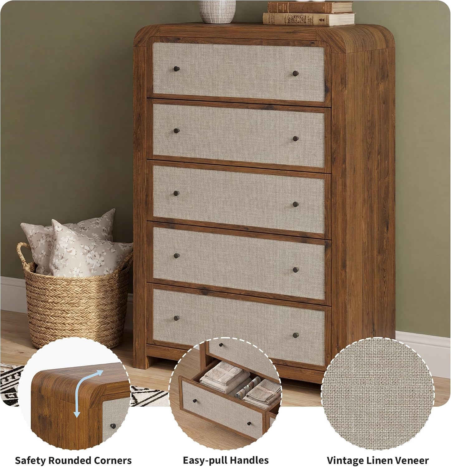 Garvee Tall 5-Drawer Dresser Chest for Bedroom, 47" Narrow Storage Organizer - Sturdy Wood Frame - Linen Drawer Fronts - Anti-Tip Kit, Walnut