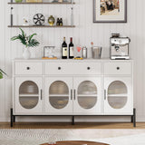 Garvee 62" Large Sideboard Buffet Cabinet with Storage and 3 Drawers, Buffet Table Coffee Bar Storage Cabinet with 4 Glass Doors for Dining Room, Living Room, Kitchen, White - White