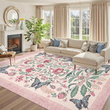 Garvee Pink Bedroom Rug for Girls Room Decor, 9x12 Washable Cute Playroom Nursery Rug, Soft Floral Low Pile Carpet for Kids Living Dining Room, Indoor Farmhouse Floor Rug - Pink