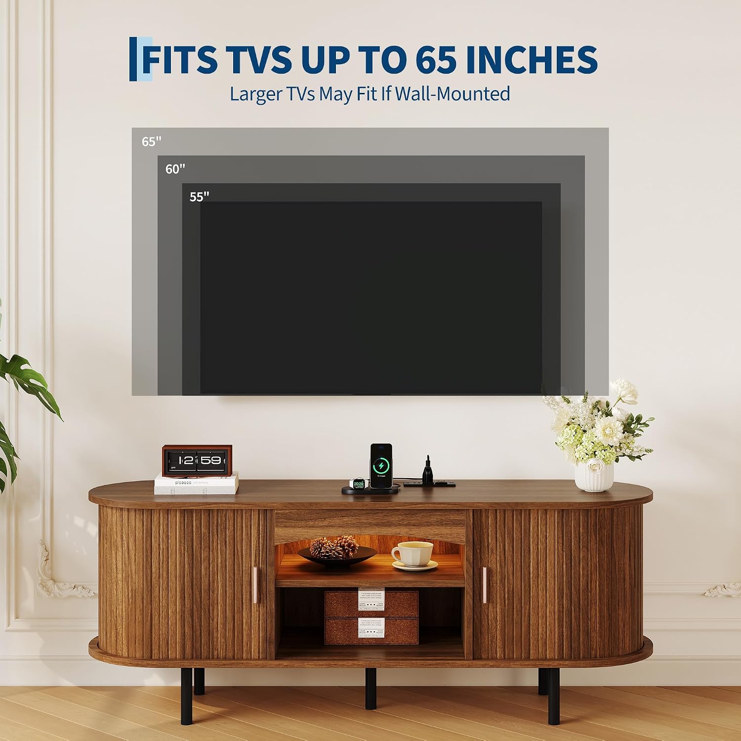 Garvee 55" Fluted TV Stand for TVs Up to 65", Mid Century Media Console with LED Lights and Power Outlet, Entertainment Center with Storage, Sliding Door & Adjustable Shelf for Living Room, Walnut