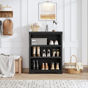 Garvee 3 Tier Bookshelf, 39.4" Tall Farmhouse Bookcase with Adjustable Shelves, 31.5" W Floor Standing Open Display Storage Rack with Anti-Slip Design for Home Office, Balcony, Library, Study / Living Room, Black