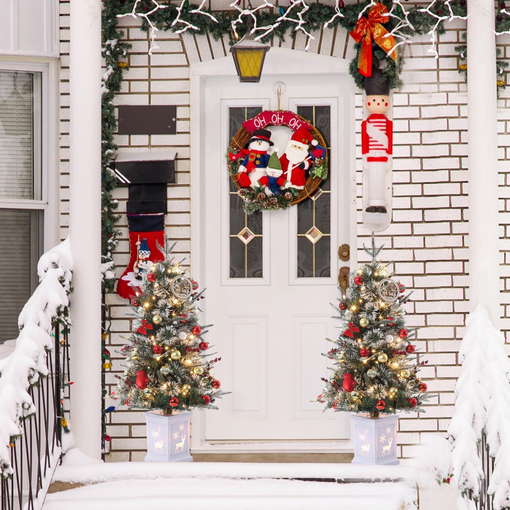 Garvee 4.5ft Christmas Tree, Pre-lit Christmas Tree with Lighting Elk Base and Red Berries, Artificial Christmas Tree with 108 LED Lights, Snow Flocked Branches Xmas Tree for Porch, Entryway