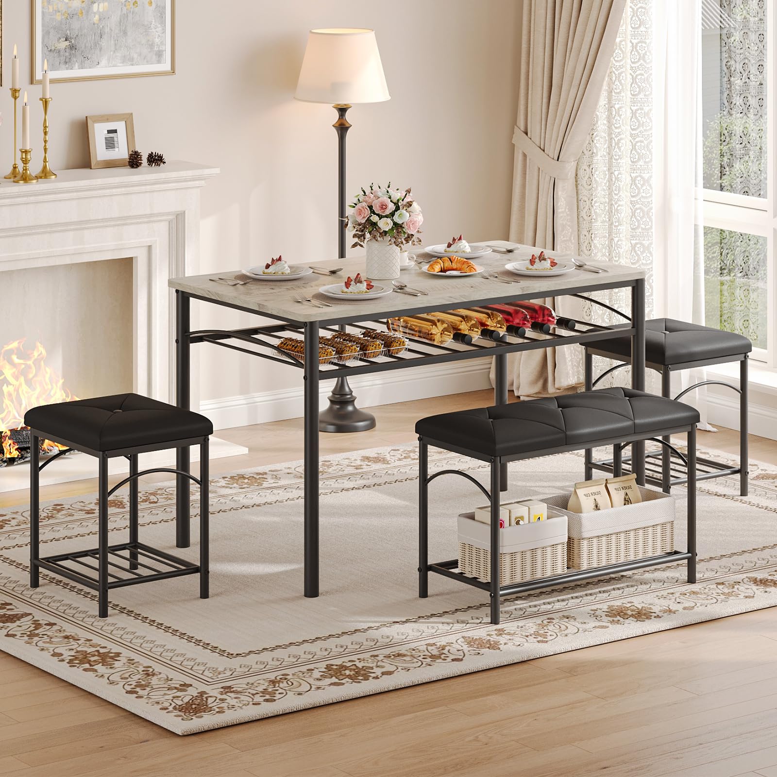 Garvee Dining Table Set for 4 with Upholstered Benches and 2 Stools, S