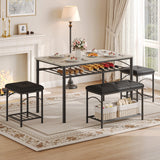 Garvee Dining Table Set for 4 with Upholstered Benches and 2 Stools, Small Space, Wood Look, Metal Frame, Compact Design - Grey