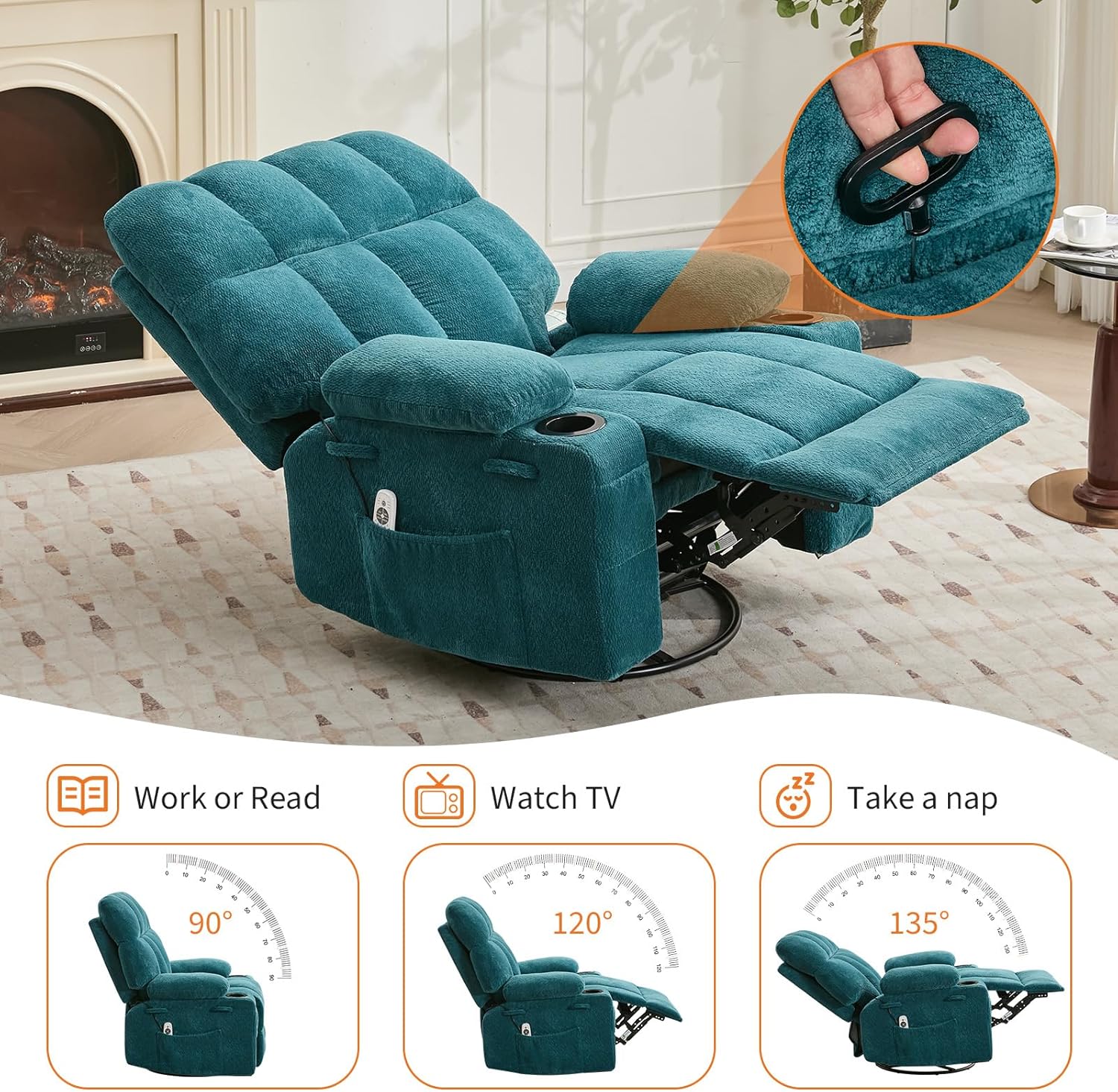 Garvee Ultra-Comfort Oversized Massage Recliner Chair with Heat, Lumbar Support, Side Pockets & Dual Cup Holders, Manual Swivel Rocker for Living Room, Bedroom, Nursery, Blue