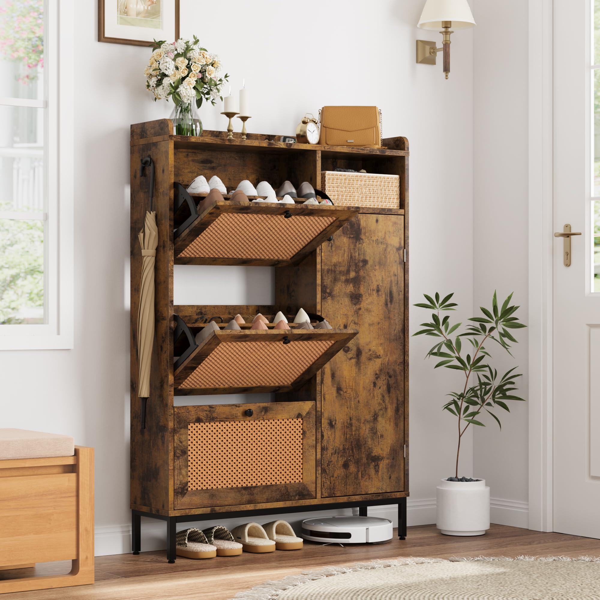 GARVEE Rattan Shoe Storage Cabinet - Multi-functional Entryway