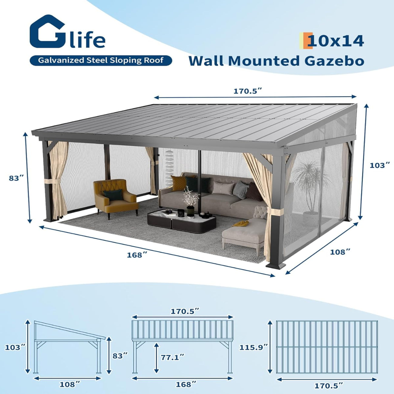 Garvee 10'x14' Wall-Mounted Lean-To Gazebo with Galvanized Steel Roof, Gutters, Sliding Netting & Curtains, Rust-Resistant Frame, UV Protection, Patio & Garden