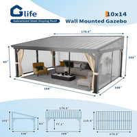 Garvee 10'x14' Wall-Mounted Lean-To Gazebo with Galvanized Steel Roof, Gutters, Sliding Netting & Curtains, Rust-Resistant Frame, UV Protection, Patio & Garden
