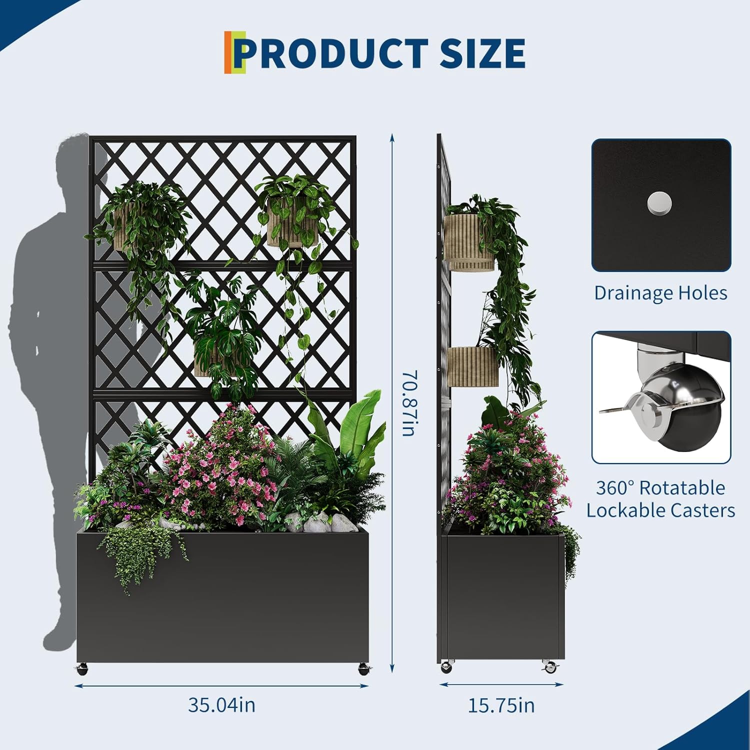 Garvee Mobile Black Galvanized Steel Raised Garden Bed with Trellis & Privacy Screen – Planter Box with Lockable Casters & Drainage Holes for Vegetables & Vines, Patio Deck or Yard – 71"X35"X16"