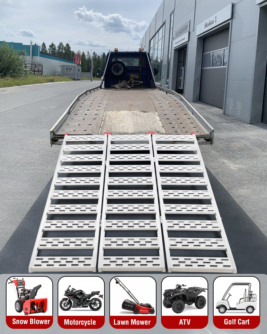 Garvee 50x76 Inch Aluminum Tri-Fold Ramp with Treads, 1500Lbs ATV Ramp with Load Straps, Folding Ramp for Motorcycles, Truck Bed, ATVS, UTVS, Trailer, Tractor,Lawnmowers, Snow Blowers