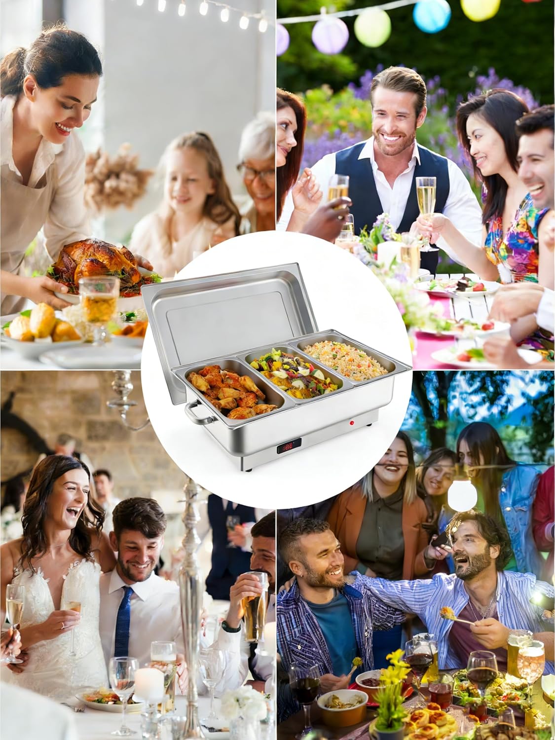 GARVEE 2 PACK Electric Chafing Dish Buffet Set,3 x 3 QT Stainless Steel Food Warmers, 600W Digital Display Temperature Control Serving Trays for Parties Catering Weddings, Sections Dishwasher Safe