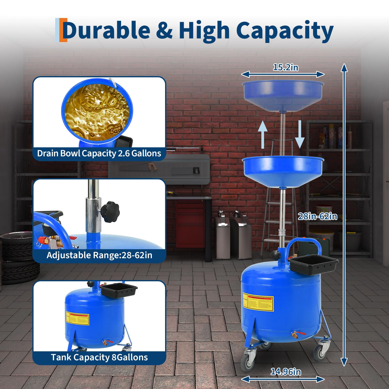 Blue 8 gallon oil drain tank shown with adjustable funnel height