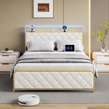 Garvee Queen Size Bed Frame, Storage Headboard with Charging Station, Platform Bed with Velvet Backrest, No Box Spring Needed, Easy Assembly, Beige - Beige
