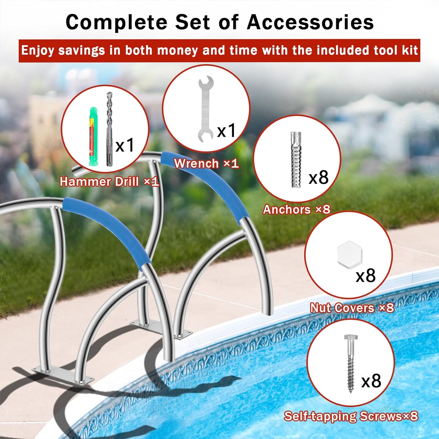 Garvee 2-Pack 30"x30" Stainless Steel Pool Handrails for Inground Pools - 375 lbs Load Capacity, Blue Grip Covers, Quick Mount Base Plates