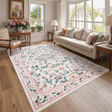 Garvee 8' x 10' Pink Floral Washable Area Rug, Non-Slip Soft Low-Pile Vintage Rug for Living Room, Bedroom, Kids Playroom & Home Office - Pink