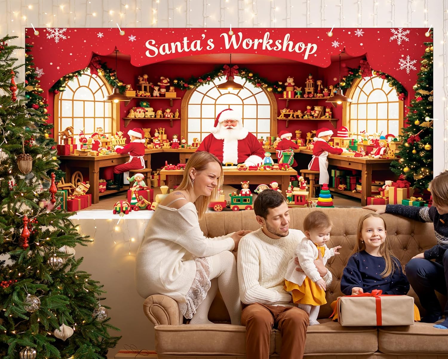 Garvee Large Christmas Garage Door Cover 7x16 ft, Festive Holiday Garage Door Banner for Home, Church, Party, Wall Decorations (Santa’s Shop)