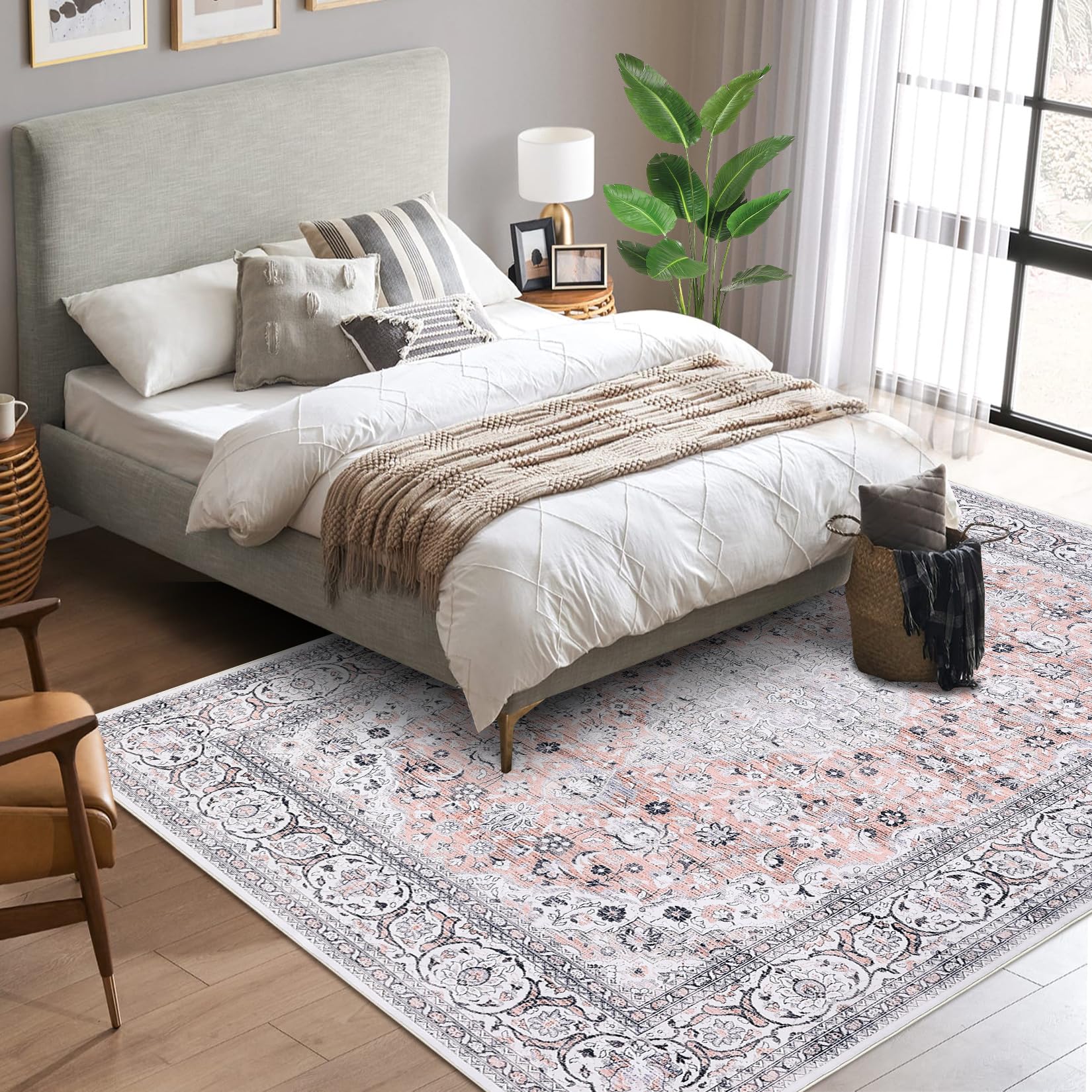 Washable Area Rug Gray Vintage Indoor Living Room Bedroom