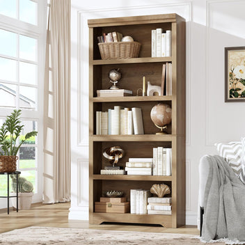 Garvee 5 Tier Bookshelf, 69" Tall Farmhouse Bookcase with Adjustable Shelves, 31.5" W Floor Standing Open Display Storage Rack with Anti-Slip Design for Home Office, Balcony, Library, Study / Living Room, Brown