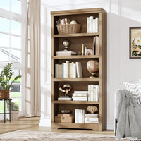 Garvee 5 Tier Bookshelf, 69" Tall Farmhouse Bookcase with Adjustable Shelves, 31.5" W Floor Standing Open Display Storage Rack with Anti-Slip Design for Home Office, Balcony, Library, Study / Living Room, Brown