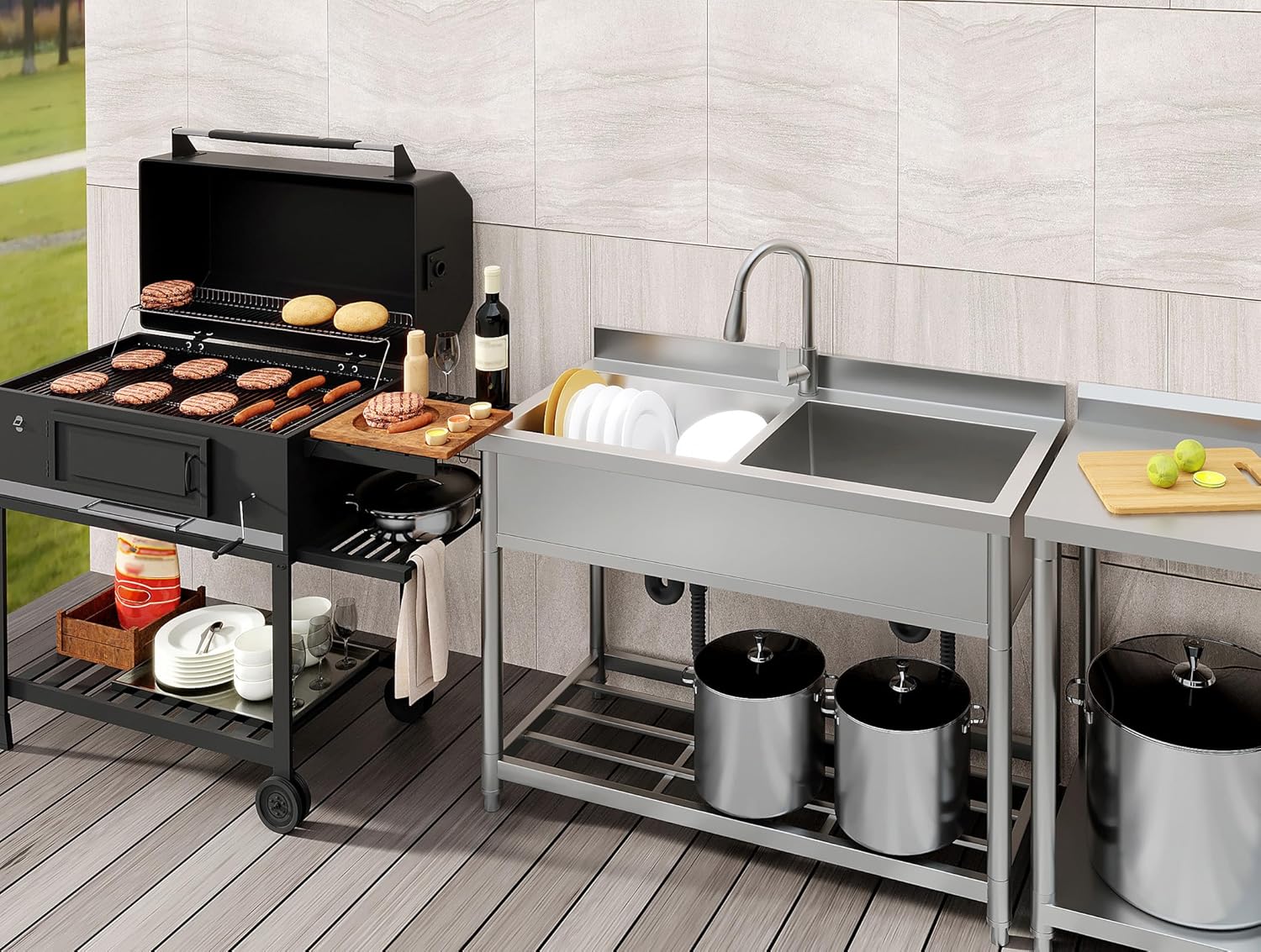 Garvee 22"D x 47"W x 37"H 2-Compartment Commercial Sink, Stainless Steel Utility Sink with Pull-out Faucet, Free Standing Double Bowl Kitchen Sink for Restaurant, Garage, Shop, Cafe, Outoor