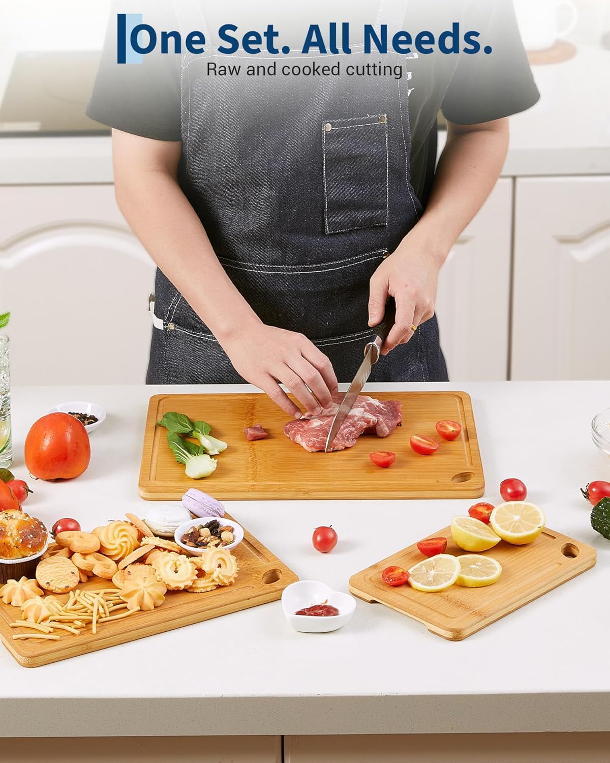 Garvee Bamboo Cutting Board Set of 3 - Heavy Duty, Deep Juice Groove, Carbonized Bamboo, Built-in Handles, Multi-Size, Kitchen Prep & Serving