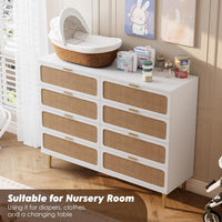 Garvee Rattan 8 Drawer Dressers for Bedroom, Tall Dresser with Deep Drawers, Large Chest of Drawers for Closet with Wide Top, Long Wooden Dresser for Living Room, Hallway, Kids Room, White