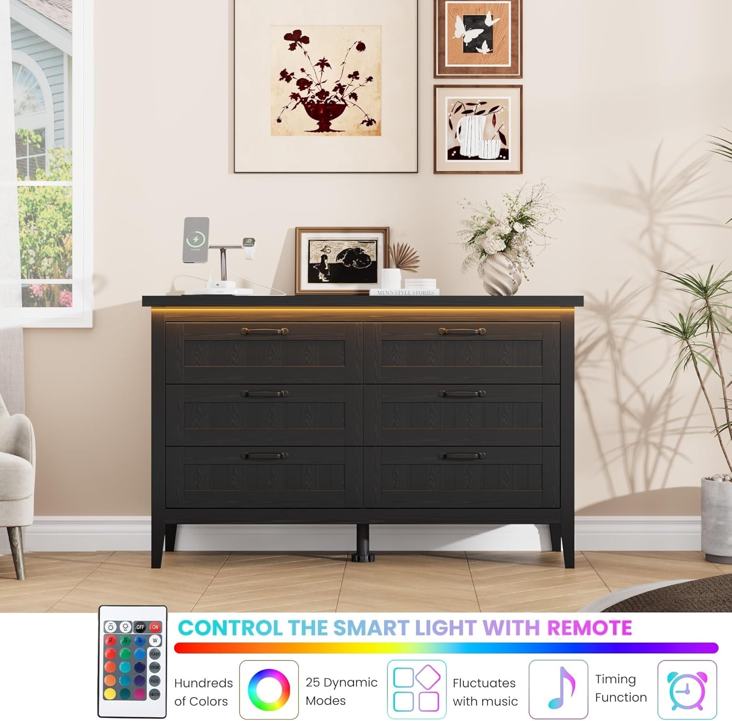 Garvee 6 Drawer Dresser with Power Outlet, Black Dresser with LED Light, Modern Chest of Drawers for Closet, Double Wide Drawer Organizer Cabinet for Bedroom, Living Room