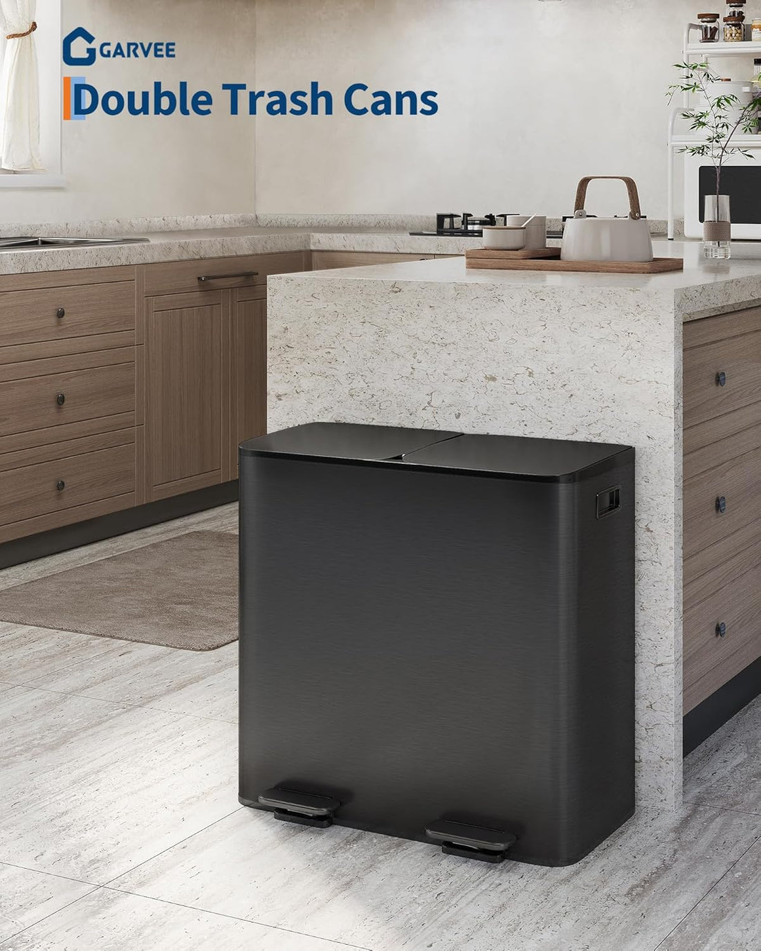 Garvee 2 x 10.6 Gallon Stainless Steel Double Trash Can Step-on Metal Garbage Cans with Lid for Kitchen, Black