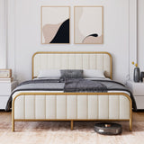 Garvee Queen Size Velvet Upholstered Bed Frame with Button Tufted Headboard, Gold Metal Frame, Wooden Slats, No Box Spring Needed - Gold+off White