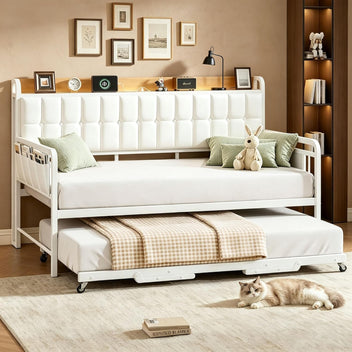 Garvee Daybed with Trundle, Twin Bed Frame with LED Light & Charing Station, Sofa Bed with Upholstered Storage Headboard and Heavy Duty Metal Slats, for Living Room, Bedroom, Guest Room, Gray/Beige