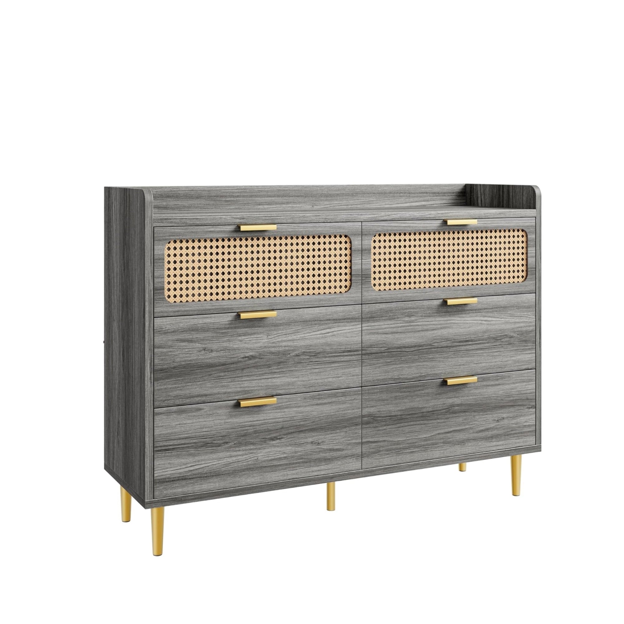 Garvee 6 Drawer Rattan Dresser, Narrow Wicker Chest of Drawer with Railed Edge, Metal Legs, Gold Handles, Farmhouse Wooden Storage Dresser for Bedroom, Living Room, Walnut
