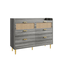 Garvee 6 Drawer Rattan Dresser, Narrow Wicker Chest of Drawer with Railed Edge, Metal Legs, Gold Handles, Farmhouse Wooden Storage Dresser for Bedroom, Living Room, Walnut