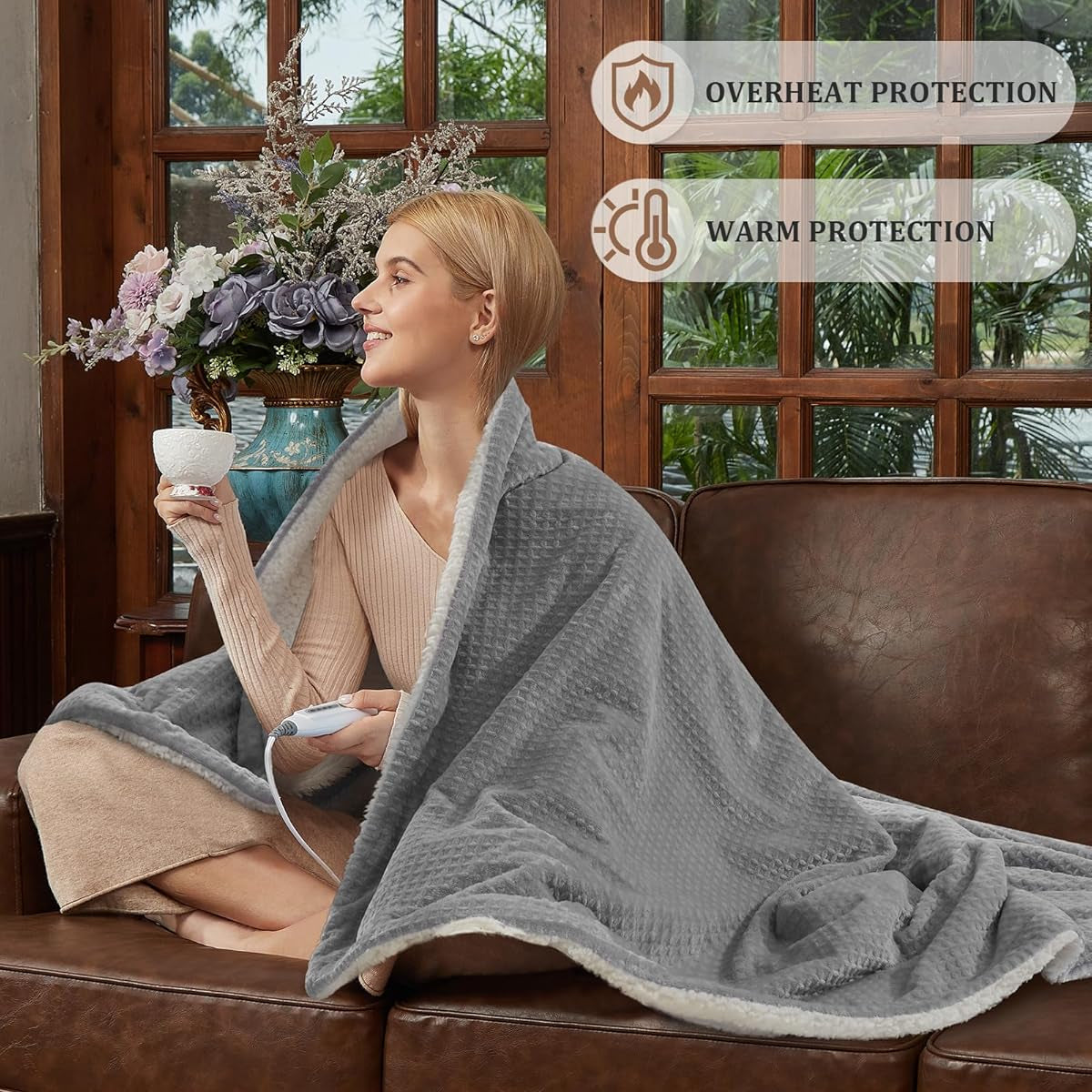 Garvee Waffle Heated Blanket Twin 62"x84", Fast Heating Electric Blanket with 4 Adjustable Heating Level & 10 Hours Auto Off, ETL Certified, Grey