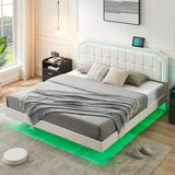 Garvee King Size Floating Bed Frame with RGB LED Lights, Adjustable Upholstered Headboard, Metal Platform, No Box Spring Needed, Easy Assembly, Modern White Design - White (PU leather)