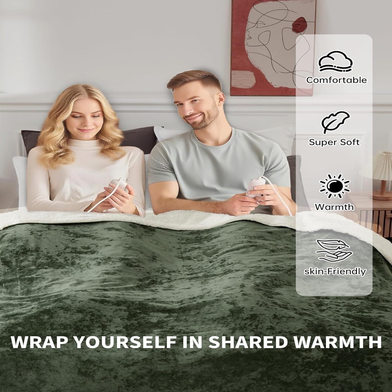 Garvee Heated Blanket Queen Size with Dual Control, Velvet Soft Fast Heating Blankets Queen, 4 Heat Settings & 10H Auto Off, Machine Washable, ETL Certified Electric Blanket, 84"x90" Green