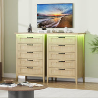 Garvee 5 Drawer Dresser for Bedroom with Charging Station and LED Lights, Farmhouse 44.9" Tall Chest of Dresser with Large Storage for Living Room, Hallway & Entryway, Natural