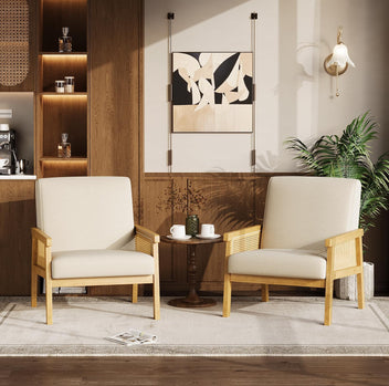 Garvee Mid Century Modern Accent Chair, Linen-Look Fabric Living Room Chair with Sturdy Wood Legs, Thickened Seat Cushion and PE Rattan Woven Decoration, Armchair for Bedroom, Reading Room, Ivory