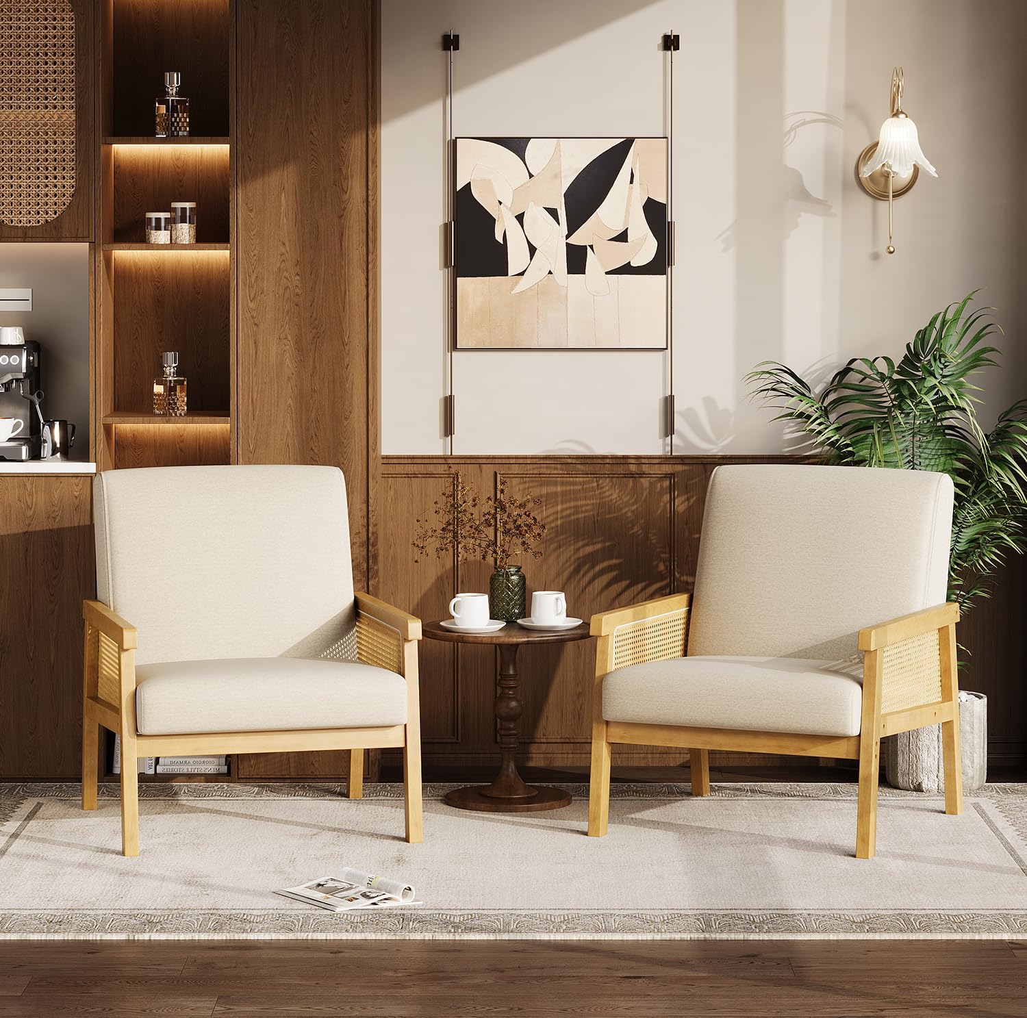 Garvee Mid Century Modern Accent Chair, Linen-Look Fabric Living Room Chair with Sturdy Wood Legs, Thickened Seat Cushion and PE Rattan Woven Decoration, Armchair for Bedroom, Reading Room, Ivory