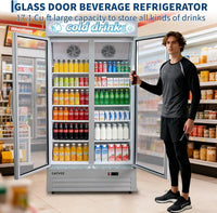GARVEE 34.8 Cu.ft Double Door Commercial Beverage Cooler - 580-Can Glass Display Fridge | Frost-Free Air-Cooled, RGB Lights, Adjustable Shelves | for Bar/Restaurant/Store (Silver)