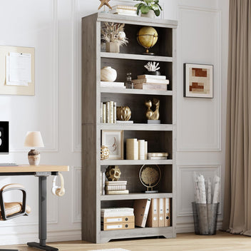 Garvee 6 Tier Bookshelf, 75" Tall Farmhouse Bookcase with Adjustable Shelves, 31.5" W Floor Standing Open Display Storage Rack with Anti-Slip Design for Home Office, Balcony, Library, Study / Living Room, Gray