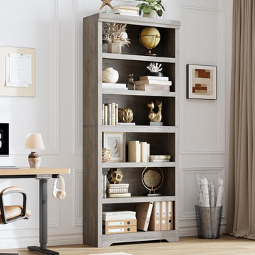 Garvee 6 Tier Bookshelf, 75" Tall Farmhouse Bookcase with Adjustable Shelves, 31.5" W Floor Standing Open Display Storage Rack with Anti-Slip Design for Home Office, Balcony, Library, Study / Living Room, Gray