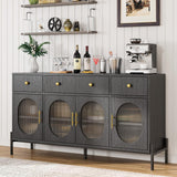 Garvee Buffet Cabinet with Storage,62'' Large Sideboard Buffet Cabinet, Wooden Buffet Cabinet with 3 Drawers and 4 Fluted Glass Doors, Coffee Bar Cabinet Buffet Table for Dinning Room,Kitchen (Black) - Black