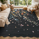 Garvee Floral Washable Scalloped Rugs 8x10 Non-Slip Soft Black Area Rugs for Living Room, Low Pile Stain Resistant - Black