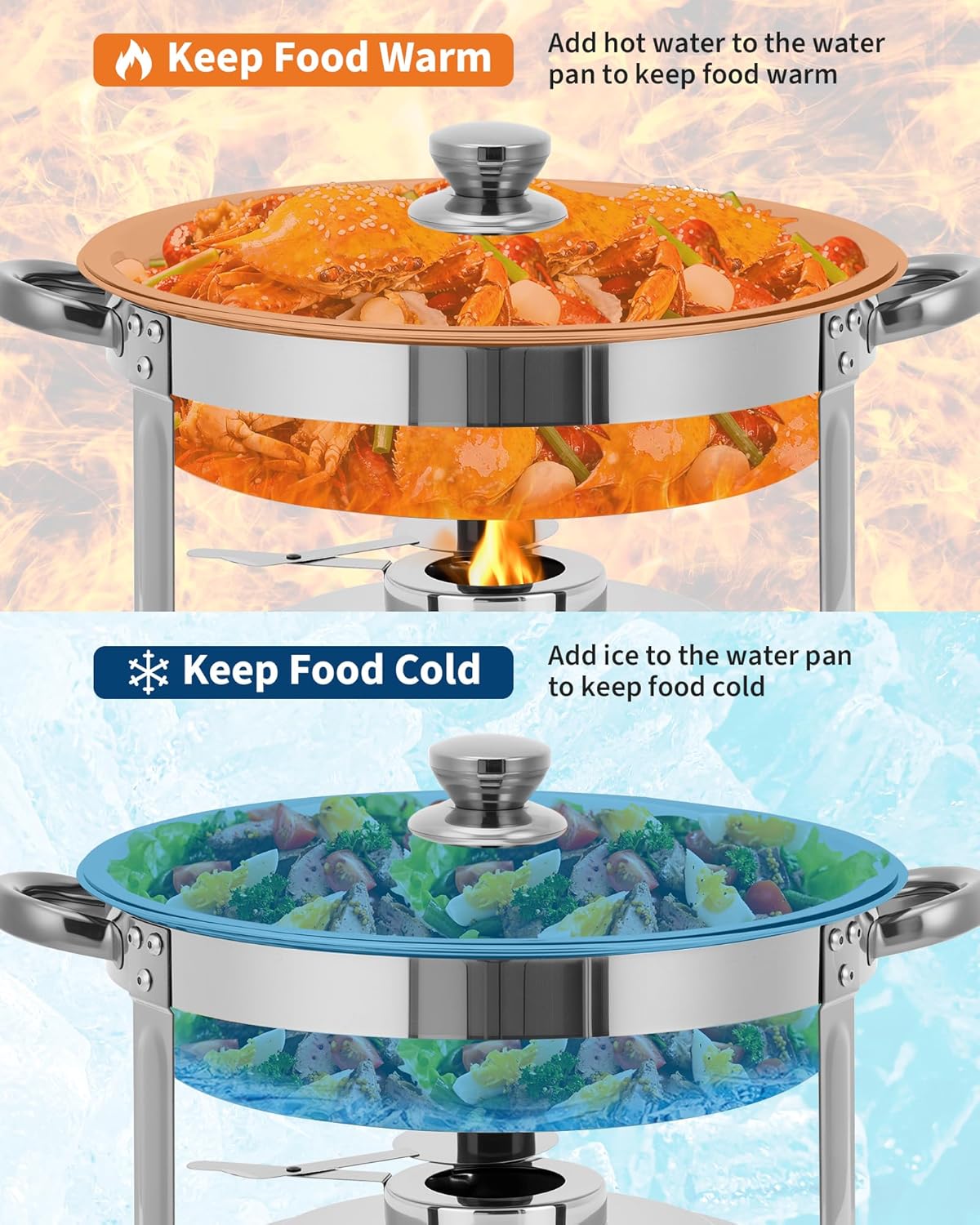 Garvee Heavy Duty 2 Pack 5QT Stainless Steel Round Chafing Dish Buffet Set - Stackable Catering Food Warmer with Lids for Parties, Weddings, Banquets - Portable & Easy Clean Buffet Server, 2pcs