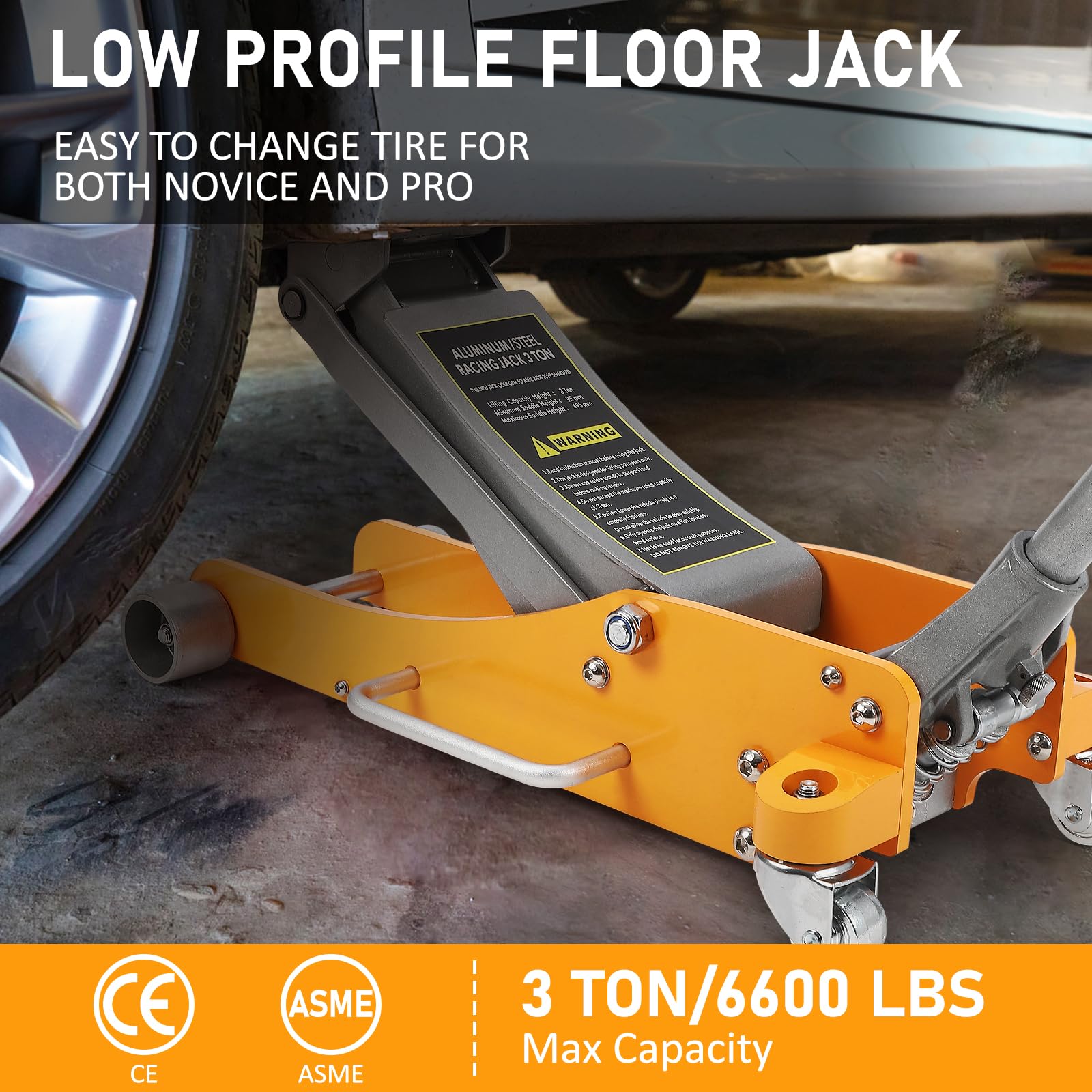 3 Ton Floor Jack Low Profile, Aluminum and Steel Hydraulic Floor Jack with Dual Pistons Quick Lift Pump, Lifting Range 3.86-19.49 Inch