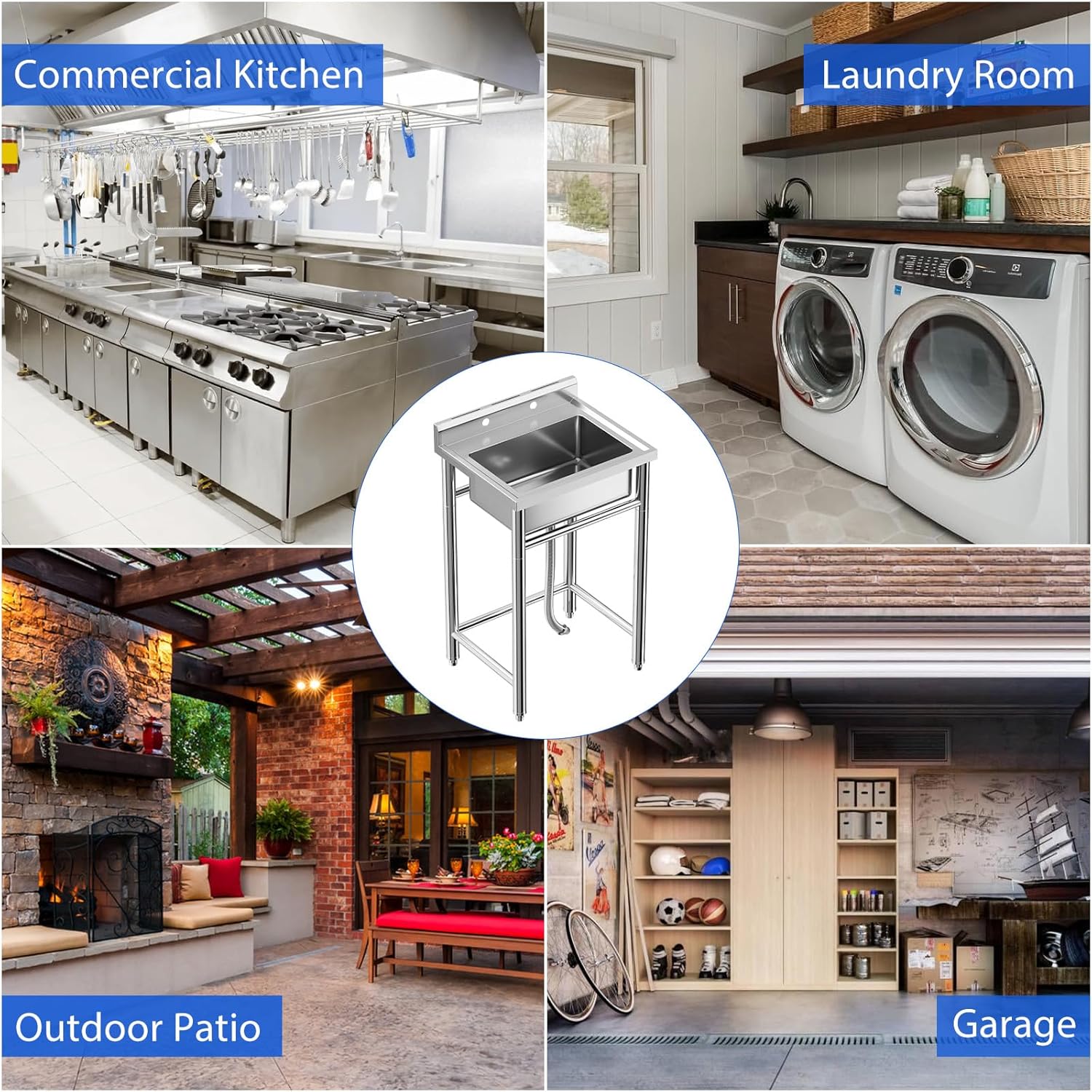 Garvee Utility Sink,24"D x 28"W x 40"H Independent Sink Without Faucet,Adjustable Support Feet,Stainless Steel Sink with Hot & Cold Hoses,Stainless Steel Sink Suitable For Kitchen And Restaurant Use