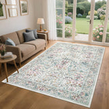 Garvee Farmhouse Floral Rug 5x7 Washable Non Slip Indoor Carpet Beige Low Pile Foldable - Beige