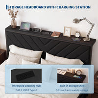 Garvee Full Size Metal Platform Bed Frame with Upholstered Storage Headboard & Shelf, 2 Rolling Underbed Drawers, Charging Station, No Box Spring Needed, Easy Assembly, Black