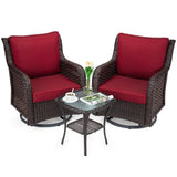 Garvee 3-Piece Outdoor Rattan Swivel Rocking Chair Set - Patio Bistro Furniture with Cushions & Table, Wicker Chairs in Red Encrypted Rattan - Red Encrypted Rattan